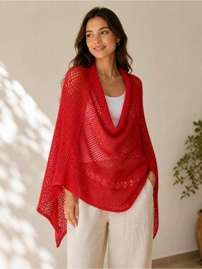 Chico’s Orange Crochet Knit Poncho Lightweight Open Knit Boho Layer